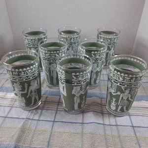 Hazel Atlas Wedgwood Green 8 Vintage Egyptian Glasses Mid Century